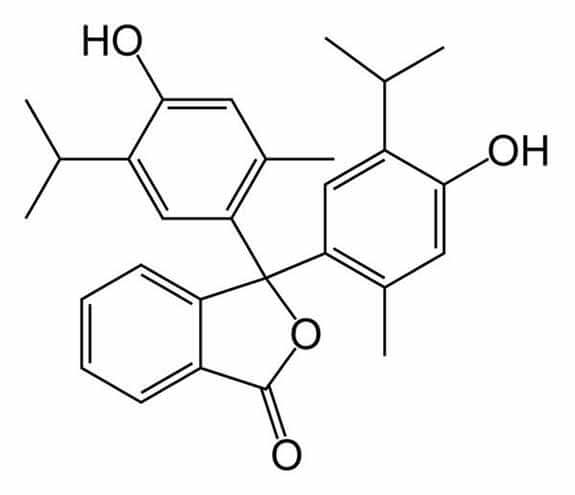 De chemische structuur van thymolftaleïne.