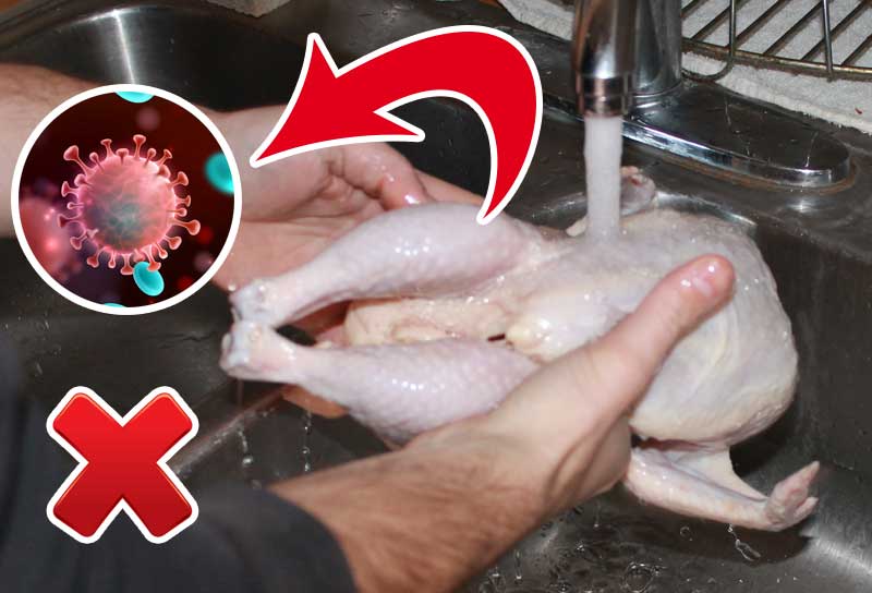 ne pas laver le poulet cru : cela projette des bactéries partout dans la cuisine