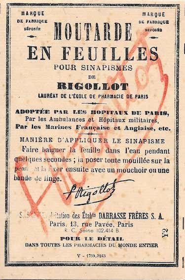 Publicité pour le sinapisme (Moutarde en feuilles) Rigollot (années 1920).